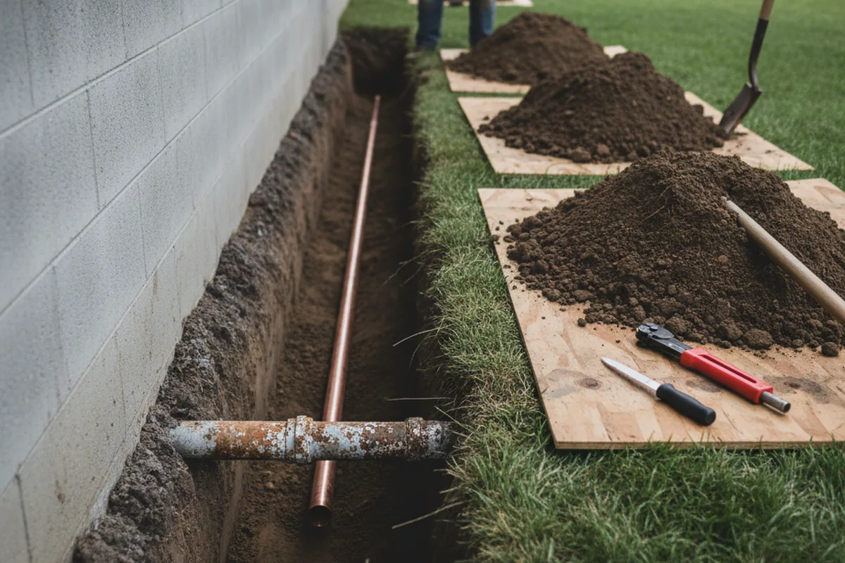 Excavated water line trench during Sewer Line Repair in Fruita